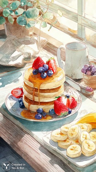 Аппетитный завтрак на деревянном столе в акварельной иллюстрации. Изображение из нейросети Midjourney