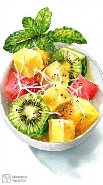 Тропический салат из фруктов акварелью в белой чашечке с кокосом и мятой. Картинка из нейронной сети Миджорни