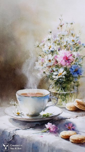 Уютное чаепитие в акварельных тонах: нежность и спокойствие. Генерация из нейросети Midjourney