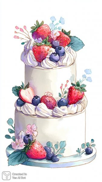Яркий торт с ягодами и кремом в акварельной пастели. Изображение из нейронной сети Миджорни