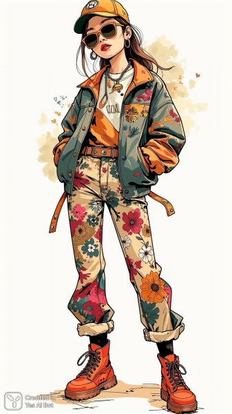 Элегантный микс: Gucci и Off-White в ярком иллюстративном образе современной моды. Изображение из нейронной сети Flux.1