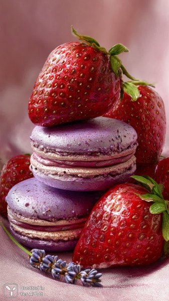 Яркие макаруны и клубника: фотореалистичный десертный натюрморт. Нейросеть Midjourney