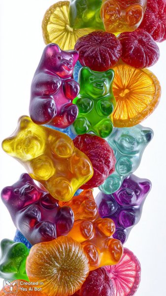 Яркий мир мармеладных медведей и сладких джелли на белом фоне невероятной четкости. Изображение из нейронной сети Midjourney