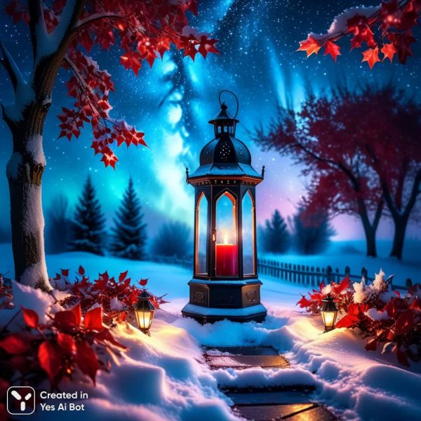 Ночь зимнего волшебства: готический фонарь в сиянии северного неба и звездной Млечной реки. Изображение из нейронной сети Stable Diffusion