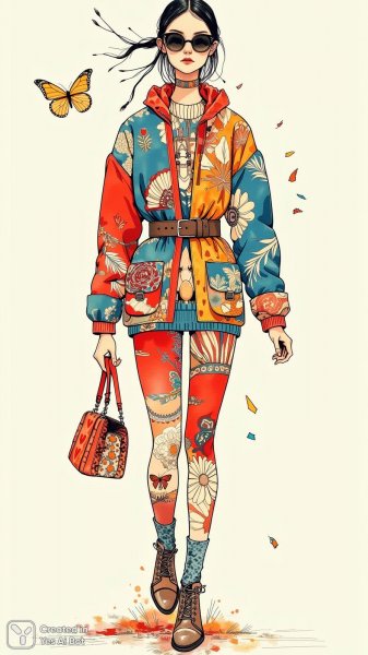 Яркий микс стилей: мода в красках и узорах. Картинка из нейросети Flux.1