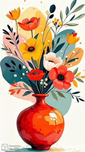 Яркий абстрактный букет: современная геометрия и цветочный акцент в стиле минимализм. Картинка из нейросети Flux Ai