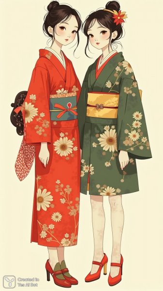 Две девушки в кимоно и зеленой куртке: взгляд сквозь фольклор. Генерация из нейросети Flux.1