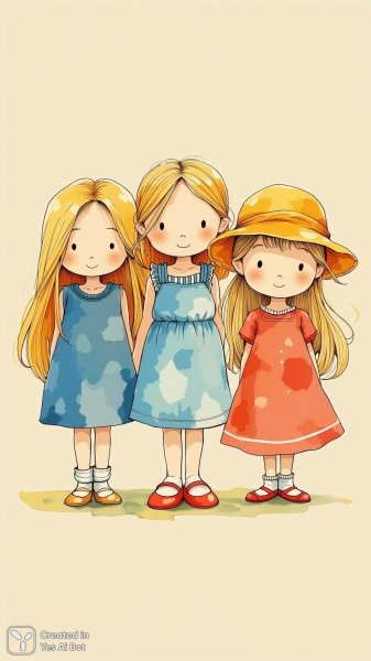 Девочки рисуют: игривый мультфильм с яркими красками и взглядом в камеру. Генерация из нейросети Flux.1