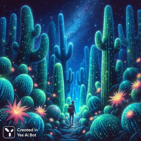 Ночное биолюминесцентное царство гигантских кактусов и одинокий путник. Картинка из нейронной сети Dalle