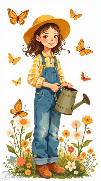 Девочка в саду: летнее настроение и красочные бабочки вокруг. Генерация из нейронной сети Flux