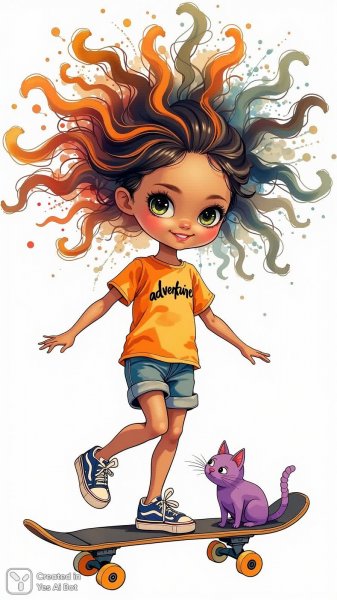Игривая кукла на скейтборде с котом и надписью приключение. Картинка из нейронной сети Flux.1