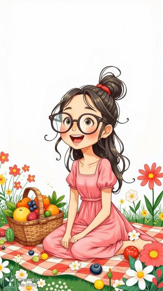 Веселая девочка на пикнике с фруктами и цветами. Нейронная сеть Flux 1