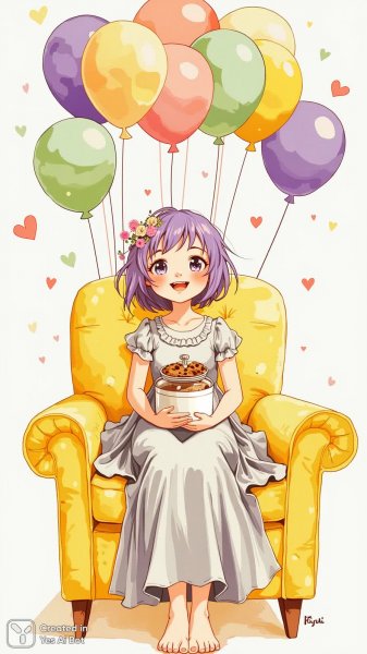 Девочка с фиолетовыми волосами и печеньем в ярком окружении. Генерация из нейросети Flux.1