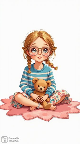 Милая кукла в полосатом свитере и цветочной юбке с мишкой на розовом коврике. Генерация из нейронной сети Flux 1