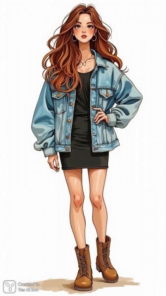 Молодая женщина в джинсовой куртке: стильный набросок и уверенный взгляд. Картинка из нейронной сети Flux Ai
