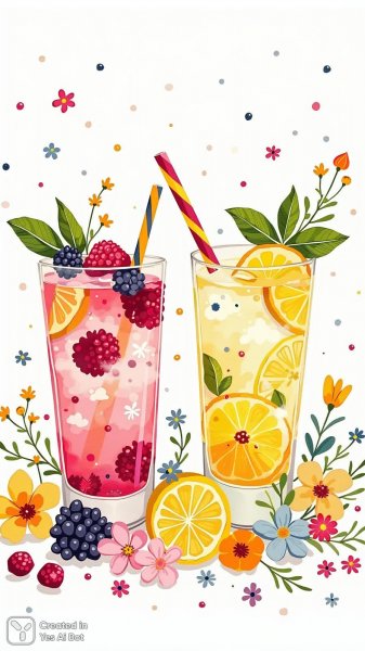 Летняя прохлада: яркие лимонады и игривый рисунок. Изображение из нейронной сети Flux 1