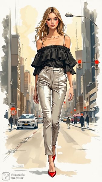 Элегантный образ: акварельный скетч модной женщины в черном топе и серебристых брюках. Изображение из нейронной сети Flux Ai