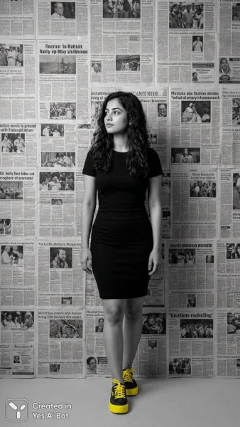 Желтый акцент в монохромном мире городской элегантности и размышлений о новостях. Нейросеть Нано Банана