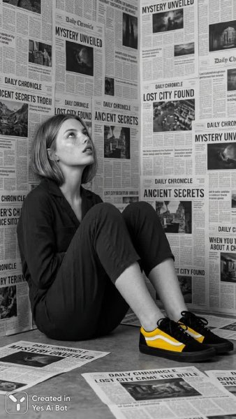 Желтый акцент в монохромном мире: минимализм и любопытство молодой женщины. Генерация из нейронной сети Nano-Banana