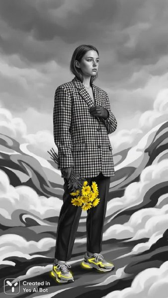 Молодая женщина с желтыми цветами в черно-белом мире. Картинка из нейросети NanoBanana