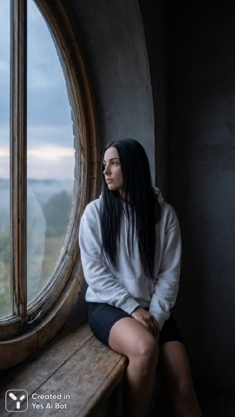 Взгляд из круга: таинственная красота в сером свете большого окна. Изображение из нейронной сети Nano-Banana