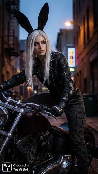 Мотоциклетная драма: девушка в черном с серебром и заячьими ушами. Изображение из нейронной сети NanoBanana