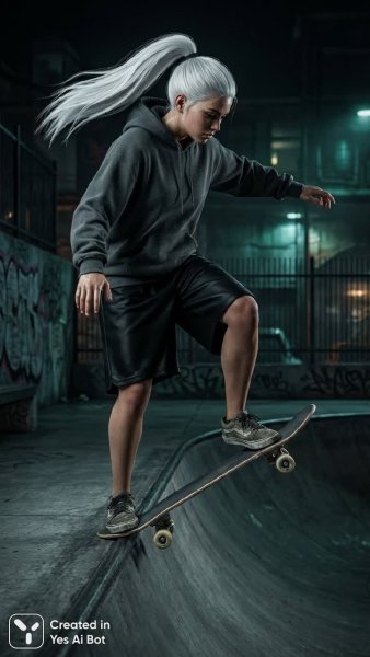 Девушка на скейтборде: динамичный портрет в воздухе. Генерация из нейросети Нано Банана