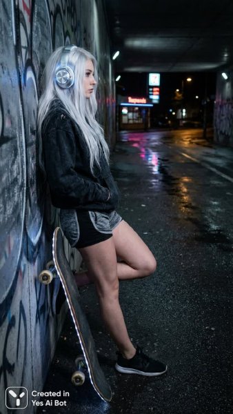 Девушка с серебряными наушниками и скейтбордом в темной обстановке. Картинка из нейросети Nano Banana