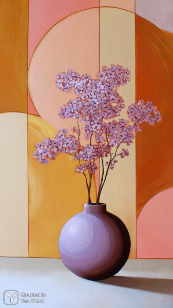 Нежные цветы в красной вазе на фоне геометрических фигур и мягких линий. Нейронная сеть Миджорни