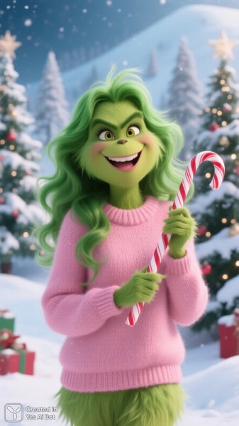 Гринч-девочка с зелёными локонами и праздничным настроением в зимнем пейзаже. Нейросеть Qwen images Ai