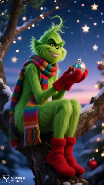 Весёлый Гринч-девочка на ветке с новогодним настроением и блестящим украшением. Картинка из нейросети Qwen Ai Images