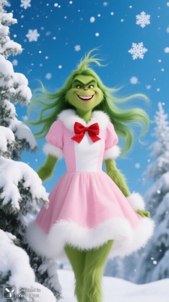 Веселая Гринч-девочка в зимнем наряде среди заснеженных деревьев. Изображение из нейронной сети QWEN