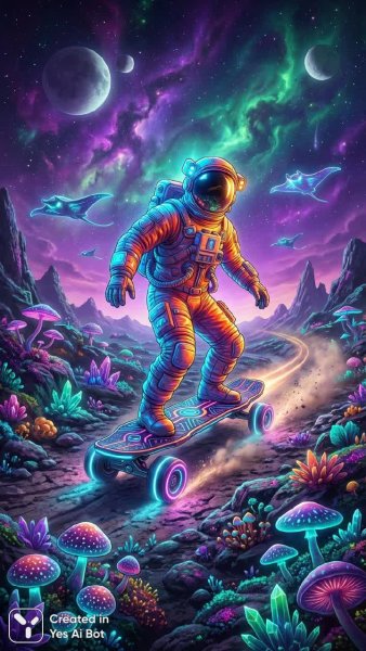 Космический райдер на доске будущего. Изображение из нейронной сети Nano-Banana