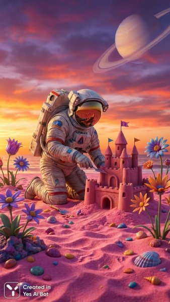 Марсианский пляж: астронавт и песчаный замок на закате. Нейросеть Нано Банана