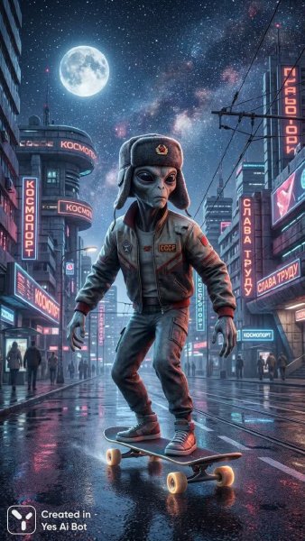 Серый инопланетянин на скейтборде в неоновом городе будущего советской эпохи. Генерация из нейронной сети Nano-Banana