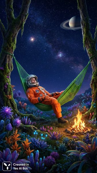 Космический отдых советского космонавта на чужой планете с цветами и звездами. Изображение из нейросети Нано Банана