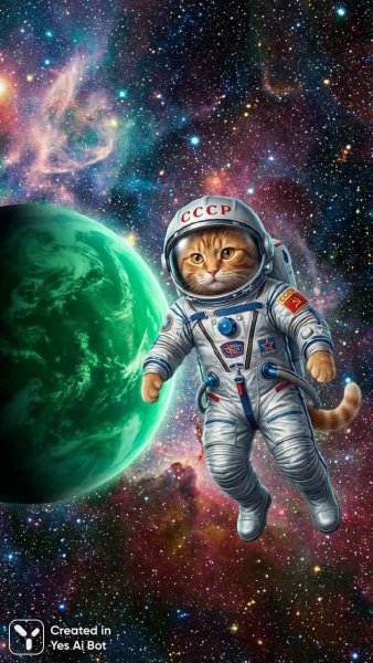Советский космос: рыжий кот-астронавт у далекой зеленой планеты в галактике. Нейросеть Нано Банана