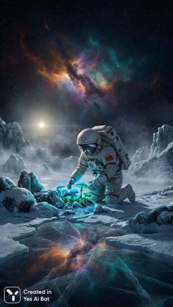 Европа: грибы и космос в ледяной бездне советского фотографа. Генерация из нейронной сети Nano Banana