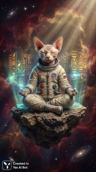 Космический кот-астронавт: медитация среди звездной пыли и древних символов. Картинка из нейросети Nano Banana