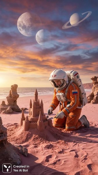 Марсианский астронавт: песчаный замок на розовом берегу и красочные небеса. Генерация из нейросети NanoBanana