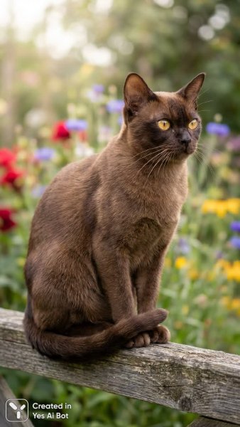 Грациозный кот на заборе: золотые глаза и летний сад. Изображение из нейросети Нано Банана