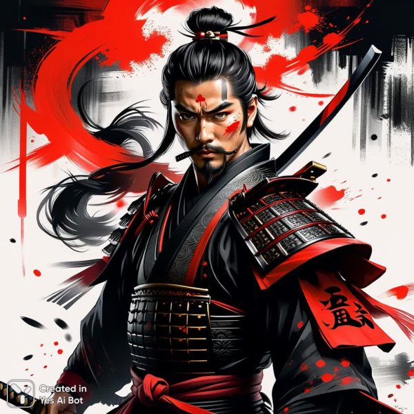 Самурай в цифровом эскизе: воин с клинком и кровью. Генерация из нейросети Stable Diffusion