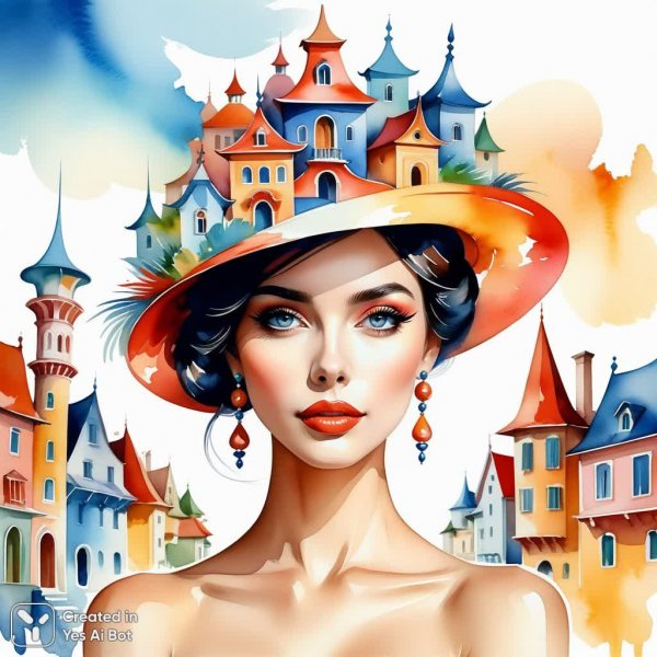 Изысканная дама в экстравагантном головном уборе с архитектурными деталями и сюрреалистичным фоном. Генерация из нейросети Stable Diffusion