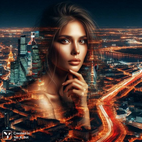 Ночная Москва в образе женщины: двойная экспозиция. Генерация из нейросети Dalle