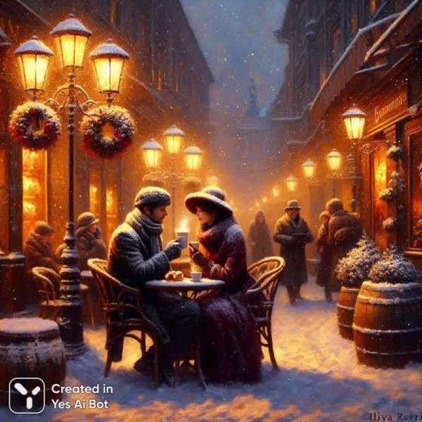 Зимнее кафе: теплая атмосфера и колядующие вдалеке. Картинка из нейросети Dalle-3
