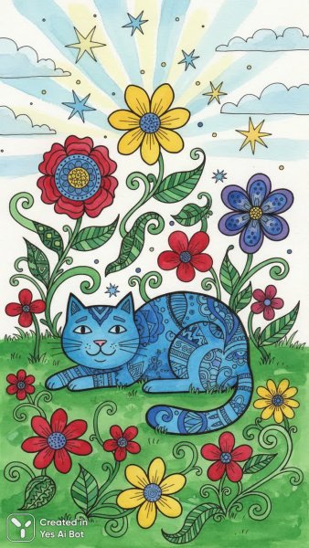 Кошка на лужайке: сказочная иллюстрация в наивном стиле и ярких тонах. Нейросеть Нано Банана