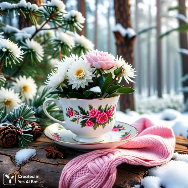 Зимняя симфония: уютный натюрморт с чашкой кофе и розой. Изображение из нейронной сети Стейбл Дифьюжен