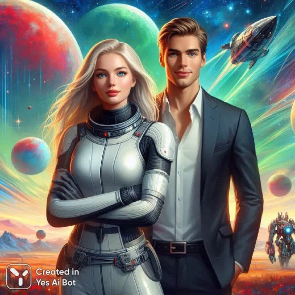 Блондинка в космосе: встреча двух сердец среди звёздных миров и далёких планет. Изображение из нейросети Dalle 3