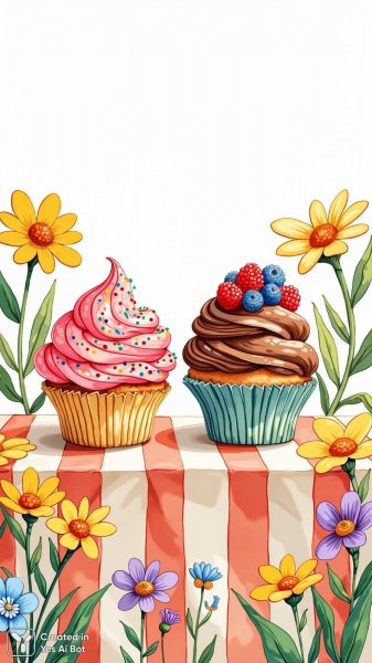 Яркие капкейки на скатерти с цветами и ягодами. Генерация из нейронной сети Flux Ai