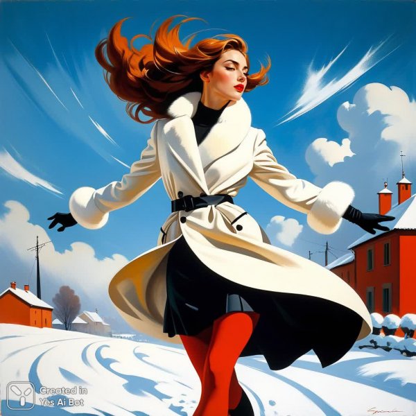 Девушка в вихре снежной бури: динамичная поза и стиль Sergio Bompard. Изображение из нейросети Stable Diffusion